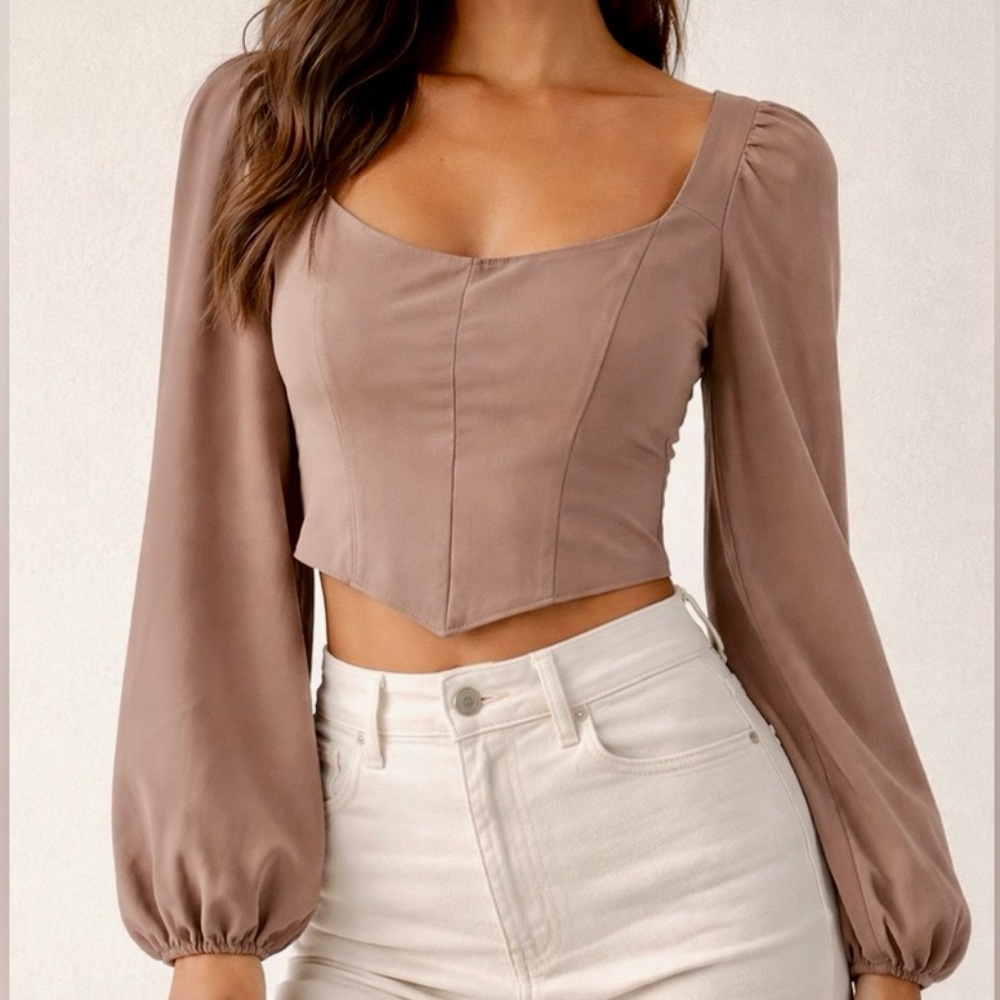 NWT Abercrombie & Fitch Sweetheart Corset Top Long Sleeve – Light Brown (M)